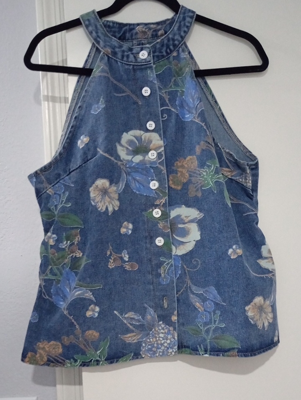 Denim Floral Halter Button-Front Top - Blue